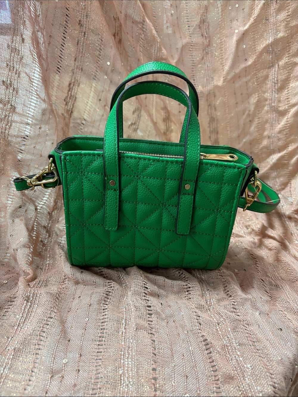 Icing Quilted Green Top-Handle Satchel with Detachable Strap